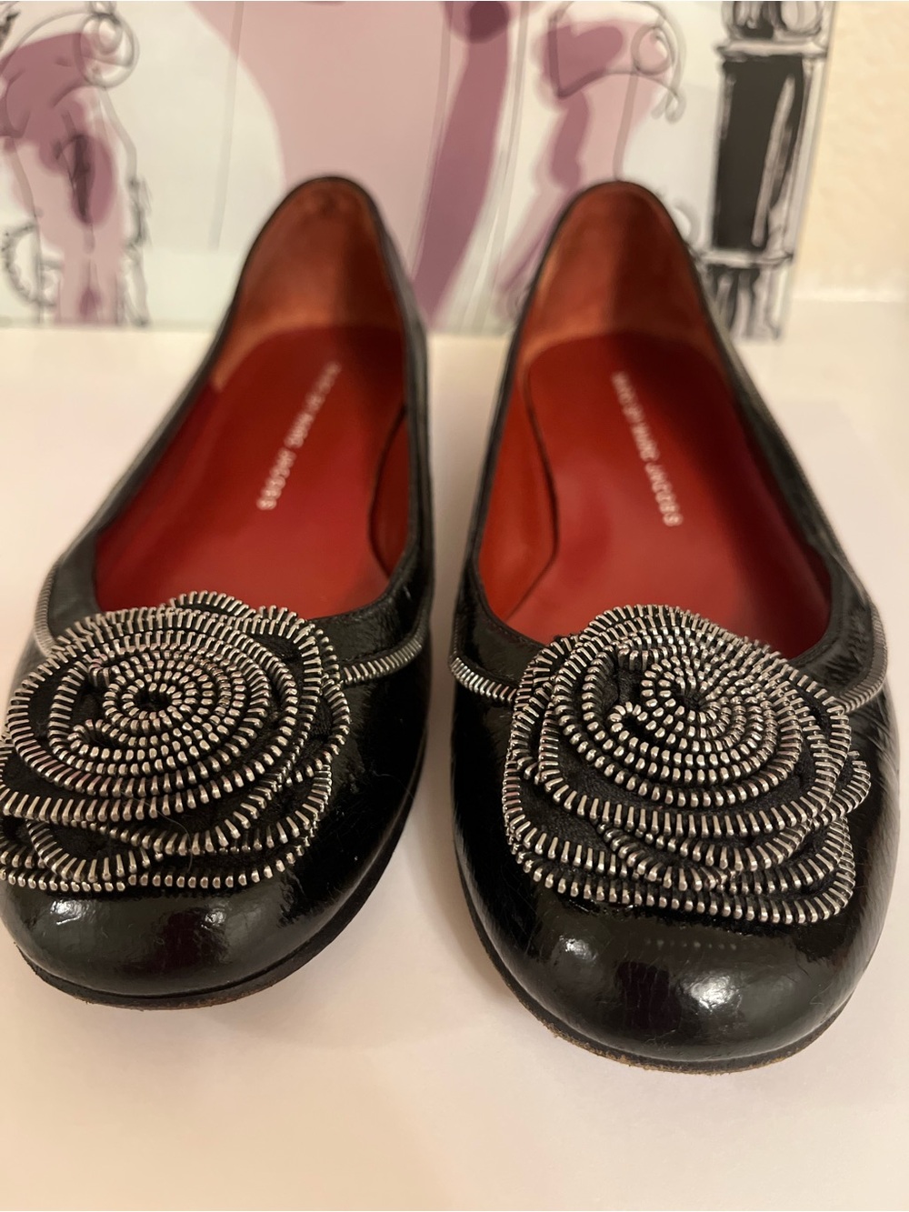 Marc by Marc Jacobs Black Patent Leather Flats with Silver Rosette Detail